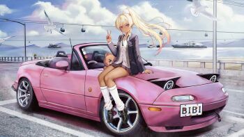 1girl absurdres beach bird blonde_hair boat car cloud colored_tips convertible eunos_roadster gyaru highres horizon kcar66t lamppost long_hair loose_socks mazda_mx-5 mazda_mx-5_na motor_vehicle multicolored_hair necktie ocean original outdoors pink_car pink_streaks pleated_skirt ponytail school_uniform seagull skirt sky socks sports_car steering_wheel streaked_hair undone_necktie v vehicle_focus watercraft yacht