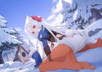 1girl ass back_cutout bird blue_shrug blue_sky blush boots clothing_cutout day dutch_angle flower from_behind fuyuka_(stella_sora) game_cg hair_flaps hair_flower hair_ornament highres juliet_sleeves long_hair long_sleeves looking_at_viewer median_furrow non-web_source official_art open_mouth orange_pantyhose outdoors pantyhose peanut_mouth pink_flower puffy_sleeves raised_inner_eyebrows red_eyes shrug_(clothing) sitting sky snow soles solo stella_sora toes unworn_boots very_long_hair wariza white_bird white_hair