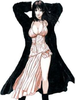 Rule 34 | 1girl, arms behind head, arms up, asymmetrical dress, black boots, black coat, black hair, boots, breasts, brown eyes, cleavage, coat, dress, large breasts, lips, long hair, lowres, oku hiroya, original, pink dress, shimohira reika, simple background, smile, solo