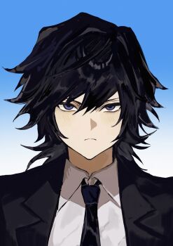 1boy absurdres alternate_costume black_hair black_jacket black_necktie blue_background blue_eyes closed_mouth collared_shirt commentary gradient_background hair_between_eyes highres jacket kimetsu_no_yaiba koshianhadane long_hair looking_at_viewer low_ponytail male_focus necktie ponytail shirt solo spiked_hair tomioka_giyuu untranslatable_commentary upper_body white_shirt