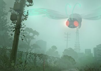 absurdres building butterfree commentary_request fence flying fog from_below gen_1_pokemon glowing glowing_eyes highres king_joe_(neoroto) nintendo no_humans outdoors pokemon pokemon_(creature) pokemon_focus solo tree utility_pole