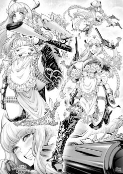 1girl absurdres apron bandolier belt blush boots bra braid breasts cleavage cowboy cowboy_boots dual_wielding eyebrows_hidden_by_hair frills greyscale gun handgun hat highres holding holster ktjx2873 large_breasts long_hair looking_at_viewer maid maid_apron monochrome multiple_views nurse nurse_cap open_mouth original revolver rifle sheriff_badge simple_background smirk twin_braids twintails underwear weapon western