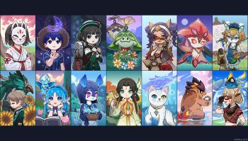 2boys 6+girls absurdres animal animal_collar animal_on_head ann_(genshin_impact) aranara_(genshin_impact) backpack bag basket black_border blindfold blindfold_pull bona_(genshin_impact) book border carp cat caterpillar_(genshin_impact) character_request check_character chinese_clothes closed_mouth cocouik_(genshin_impact) collar commentary dress english_commentary feathers fish flower_wreath fox_mask fujin_(genshin_impact) genshin_impact goggles green_dress green_hat hanachirusato_(genshin_impact) hat highres holding holding_animal holding_basket holding_fish holding_paint_palette holding_paintbrush holding_wreath japanese_clothes jeht_(genshin_impact) kimono letterboxed little_one_(genshin_impact) looking_at_viewer mamere_(genshin_impact) mary-ann_(genshin_impact) mask melusine_(genshin_impact) miko multiple_boys multiple_girls on_head open_book open_mouth osse_(genshin_impact) outdoors pahsiv_(genshin_impact) paint_palette paintbrush pixel_art ppyok_1017 rainbow_rose_(genshin_impact) ruu_(genshin_impact) scylla_(genshin_impact) smile sorush_(genshin_impact) straw_hat tepetlisaurus_(genshin_impact) twitter_username whale white_kimono wicker_basket zhiqiong_(genshin_impact)