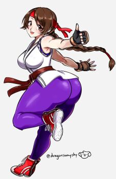 1girl ass braid braided_ponytail breasts brown_eyes brown_hair clothes_lift d-ryuu dougi dragonsinmysky female_focus from_behind hairband huge_ass huge_breasts karate_gi large_breasts leggings long_hair looking_at_viewer pale_skin pants ponytail shoes skirt skirt_lift smile smiley_face sneakers spandex the_king_of_fighters tight_clothes tight_pants upskirt yoga_pants yuri_sakazaki