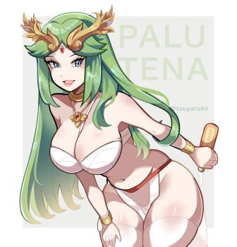 Rule 34 | 1girl, alternate costume, bare shoulders, bikini, blush, bracelet, breasts, circlet, cleavage, forehead jewel, green eyes, green hair, highres, holding sunscreen, jewelry, kid icarus, kid icarus uprising, large breasts, laurel crown, long hair, looking at viewer, lotion, navel, necklace, nintendo, open mouth, palutena, smile, solo, stomach, sunscreen, swimsuit, thighhighs, tiara, touyarokii, very long hair, white bikini, white thighhighs