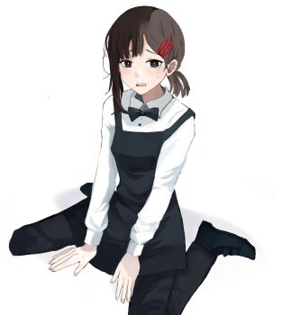 1girl arm_support arms_between_legs asymmetrical_bangs black_dress black_eyes black_pants black_shoes blue_bow blue_bowtie bow bowtie breasts bright_pupils brown_hair buttons chainsaw_man collared_shirt commentary crying crying_with_eyes_open dress fingernails from_above full_body hair_behind_ear hair_ornament hairclip higashiyama_kobeni highres jellosquiid knees_out_of_frame light_blush long_sleeves looking_at_viewer low_ponytail mole mole_above_mouth mole_under_eye mole_under_mouth pants pinafore_dress ponytail puffy_long_sleeves puffy_sleeves raised_inner_eyebrows shadow shirt shoes short_hair short_ponytail simple_background single_sidelock sitting sleeveless sleeveless_dress small_breasts solo symbol-only_commentary tears teeth tongue traditional_bowtie upper_teeth_only wariza white_background white_pupils white_shirt