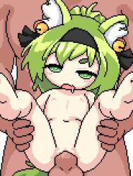 1boy 1girl after_vaginal akai_(ugokashitari) animal_ear_fluff animal_ears animated azur_lane barefoot bell belly_rub blush breasts completely_nude cum cum_in_pussy cum_overflow flat_chest fox_ears fox_girl fox_tail full_body green_eyes green_hair hair_bell hair_ornament held_up hetero isokaze_(azur_lane) leg_grab legs lifting_another's_clothes loli navel nipples nude open_mouth penis pixel_art pussy rubbing sex sex_from_behind small_breasts soles solo_focus tail thighs third-party_edit toes uncensored vaginal video