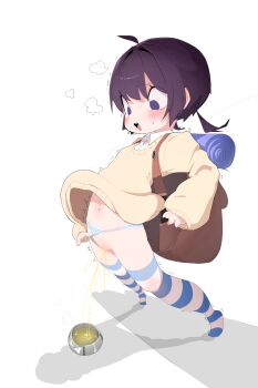 1girl @_@ ahoge backpack bag black_hair blush bowl bubibubi clothes_lift clothing_aside djmax djmax_respect dog_bowl flat_chest heart leaning_forward loli long_sleeves looking_down low_twintails navel open_mouth oversized_clothes oversized_sweater panties panties_aside peeing peeing_in_bowl play_(djmax) puff_of_air purple_eyes pussy shirt short_hair sleeping_bag smile standing striped_clothes striped_thighhighs sweat sweater sweater_lift teeth thighhighs trembling twintails underwear white_background white_panties white_shirt white_thighhighs yellow_sweater