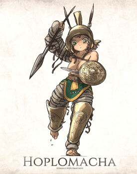 1girl armor barefoot breasts brown_hair collarbone commentary convenient_censoring english_commentary english_text full_body gladiator helmet highres holding holding_polearm holding_sword holding_weapon ironlily large_breasts latin_text original polearm running shield simple_background solo spear sword topless_female weapon white_background