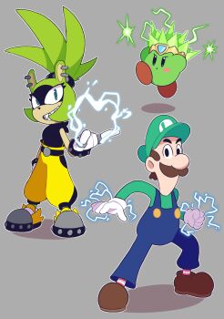 blue_eyes blue_overalls blush_stickers color_connection copy_ability ear_piercing electricity facial_hair furry furry_female gloves green_hat grey_background hat highres kirby kirby_(series) luigi mario_&amp;_luigi_rpg mario_(series) mustache nintendo overalls piercing plasma_kirby power_connection skewedcanvas socks sonic_(series) sonic_the_hedgehog_(idw) striped_clothes striped_socks surge_the_tenrec white_gloves