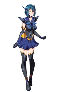 1girl black_gloves black_thighhighs blue_eyes blue_hair blue_skirt blush boots breasts choker corruption covered_erect_nipples covered_navel dark_aqua_(sailor_element) dark_persona elbow_gloves full_body game_cg gloves hair_ornament highres large_breasts large_variant_set looking_at_viewer magical_girl mizushima_aoi nana_g non-web_source official_art pleated_skirt sailor_element short_hair skirt smile solo standing thigh_boots thighhighs transparent_background variant_set zettai_ryouiki