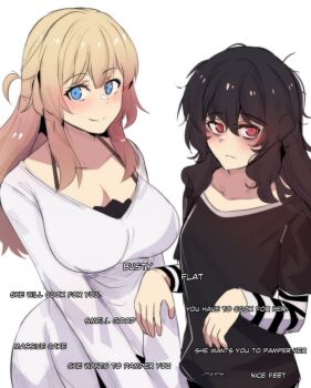 Rule 34 | 2girls, black bra, black shirt, blonde hair, blue eyes, bra, breasts, closed mouth, collarbone, dress, english text, hinghoi, image sample, large breasts, long hair, long sleeves, multiple girls, one side up, original, red eyes, shirt, short sleeves, sidelocks, simple background, small breasts, t-shirt, underwear, white background, white dress