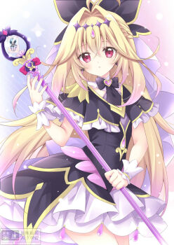 Rule 34 | 1girl, antenna hair, black bow, black bowtie, black capelet, black dress, blonde hair, bow, bowtie, brooch, capelet, commentary request, cowboy shot, crossed bangs, cure arcana shadow, diamond hairband, dress, earrings, frilled capelet, frills, gradient hair, hair between eyes, hair bow, hair intakes, heart, heart brooch, highres, holding, holding staff, jewelry, korie riko, long hair, looking at viewer, magical girl, meitantei precure!, moria luluka, multicolored hair, nail polish, parted lips, pink hair, precure, purple nails, purple veil, red eyes, solo, staff, tear arcana rod, two-tone hair, veil, very long hair, white wrist cuffs, wrist cuffs