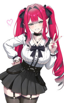 1girl absurdres baobhan_sith_(fate) black_skirt black_thighhighs blush breasts choker commentary_request disgust dress fate/grand_order fate_(series) grey_eyes hand_on_own_hip highres jewelry jirai_kei large_breasts long_hair long_sleeves looking_at_viewer necklace pink_dress pink_hair sharp_teeth shirt skirt solo teeth thighhighs twintails v white_shirt yuzu_sanma