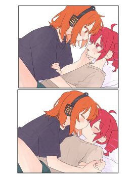 2girls a.i._voice adachi_rei black_shirt blush closed_eyes commentary drill_hair eye_contact green_shorts grey_shirt hand_on_another's_face hashtag-only_commentary headphones highres kasane_teto kiss komori_kamome looking_at_another medium_hair multiple_girls open_mouth orange_eyes orange_hair red_eyes red_hair shirt shorts sweat twin_drills utau yuri