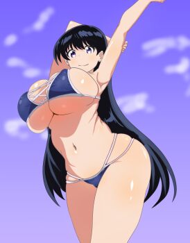 1girl arato_nagi arm_behind_head arm_up bikini black_eyes black_hair blue_sky breasts cloud commentary_request cross-laced_bikini cross-laced_clothes feet_out_of_frame large_breasts long_hair looking_at_viewer mamimusume_mero multi-strapped_bikini_bottom navel ruri_no_houseki sky solo stretching swimsuit