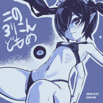 1girl backbeako_(torotei) backbeard blush bra breasts closed_mouth commentary dated dated_commentary gegege_no_kitarou hair_over_one_eye kono_lolicon_domome light_frown loli long_hair looking_at_viewer maid_headdress monochrome navel one_eye_closed original paid_reward_available panties pointy_ears ribs simple_background small_breasts solo torotei twintails underwear underwear_only