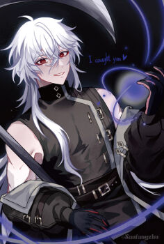 1boy a_date_with_death black_background black_gloves black_shirt casper_(a_date_with_death) english_text gloves grin hair_between_eyes heart long_hair looking_at_viewer male_focus red_eyes sanfangzhu58831 scythe shirt sleeveless sleeveless_shirt smile solo upper_body white_hair