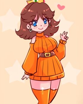 1girl araceri belt blue_eyes blush breasts brown_belt brown_hair crown detached_sleeves dress earrings flower_earrings hair_ornament heart jewelry large_breasts long_hair long_sleeves looking_at_viewer mario_(series) nintendo orange_dress orange_theme orange_thighhighs princess princess_daisy sleeveless sleeveless_dress smile standing star_(symbol) star_hair_ornament thighhighs v yellow_background