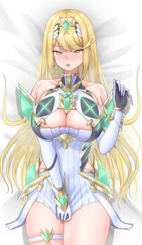 1girl bare_shoulders blonde_hair breasts chest_jewel cleavage cleavage_cutout clothing_cutout commentary_request cowboy_shot dress highres large_breasts long_hair lying meipasuye microdress mythra_(xenoblade) on_back on_bed solo tiara white_dress xenoblade_chronicles_(series) xenoblade_chronicles_2 yellow_eyes