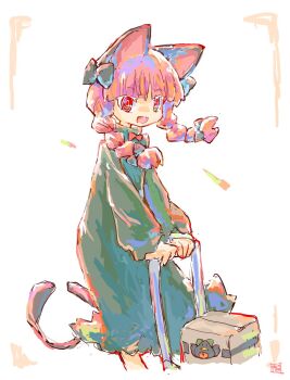 1girl animal_ears bow box braid cardboard_box cat_ears cat_tail character_print commentary_request dress green_dress hair_bow highres holding kaenbyou_rin long_hair long_sleeves looking_at_viewer multiple_hair_bows multiple_tails nekomata open_mouth red_hair reiuji_utsuho reiuji_utsuho_(bird) smile solo tail touhou twin_braids two_tails yamasina009