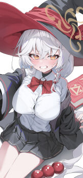 1girl absurdres black_coat black_hat blue_archive blush bow bowtie breasts brown_eyes brown_halo clenched_teeth coat commentary_request crossed_bangs eri_(blue_archive) from_above hair_between_eyes halo hat highres kerno large_breasts long_hair looking_at_viewer miniskirt outstretched_arm pleated_skirt red_bow red_bowtie shirt side_halo simple_background sitting skirt solo striped_bow striped_bowtie striped_clothes teeth thighs tilted_halo two-sided_fabric two-sided_headwear v-shaped_eyebrows white_background white_hair white_shirt witch_hat