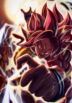 Rule 34 | 1boy, aura, body fur, commentary request, dragon ball, dragon ball daima, gekiroo, highres, long hair, monkey tail, orange pants, pants, red eyes, red fur, red hair, red tail, solo, son goku, spiked hair, super saiyan, super saiyan 4, tail, topless male