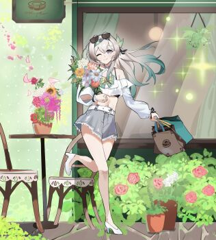 1girl absurdres amiris_(amiris76455574) bag bare_legs bare_shoulders belt black_bra bouquet bow bra bush cafe chair closed_mouth commentary_request crop_top eyewear_on_head firefly_(honkai:_star_rail) flower flower_pot frills gradient_eyes gradient_hair green_bow green_hair grey_hair grey_shorts hair_ornament hairband hanging_plant high_heels highres holding holding_bag holding_bouquet honkai:_star_rail honkai_(series) lace-trimmed_shorts lace_trim long_hair long_sleeves looking_at_viewer multicolored_eyes multicolored_hair navel one_eye_closed shirt shoes shopping_bag shorts sidewalk smile solo spaghetti_strap stomach sunglasses table underwear walking white_belt white_shirt white_shoes window wing_hair_ornament
