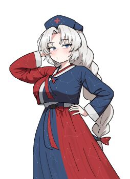 1girl :/ adapted_costume alternate_costume blue_hat blush braid braided_ponytail breasts cocktiel77 colored_skin commentary_request curtained_hair hanbok hand_on_own_hip hat jeogori_(clothes) korean_clothes korean_commentary large_breasts long_hair looking_at_viewer multicolored_skin partial_commentary shirt_overhang simple_background solo touhou two-tone_shirt two-tone_skin very_long_hair white_background yagokoro_eirin zodiac