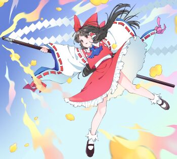 1girl ascot black_shoes blue_ascot bow brown_hair commentary_request detached_sleeves frilled_hair_tubes frilled_skirt frills fujimugi full_body gohei hair_bow hair_ribbon hair_tubes hakurei_reimu highres holding holding_gohei long_hair outstretched_arms parted_lips red_bow red_eyes red_skirt red_vest ribbon ribbon-trimmed_sleeves ribbon_trim shirt shoes skirt skirt_set socks solo touhou vest white_shirt white_sleeves white_socks wide_sleeves