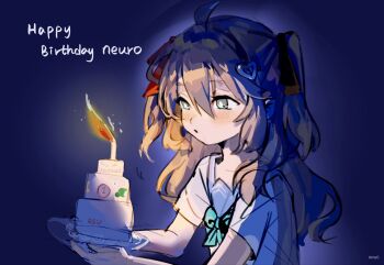 1girl ahoge ame0 aqua_bow aqua_bowtie artist_name birthday_cake blowing_candle blue_eyes blue_sailor_collar bow bowtie brown_hair cake candle commentary food from_side hair_between_eyes hair_ribbon happy_birthday highres holding holding_cake holding_food long_hair neuro-sama red_ribbon ribbon sailor_collar shirt short_sleeves solo symbol-only_commentary two_side_up vedal_ai virtual_youtuber white_shirt