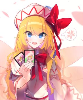 3girls blonde_hair blue_eyes blush bow bowtie capelet card cherry_blossoms chibi cirno commentary dress fairy fairy_wings falling_petals highres holding holding_card kaliningradg letty_whiterock lily_white long_hair looking_at_viewer multiple_girls petals red_bow red_bowtie smile spoken_object teeth touhou upper_body upper_teeth_only very_long_hair white_background white_capelet white_dress wings |_|