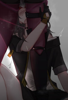 2girls arm_around_leg black_gloves black_jacket blindfold blush colored_blindfold commentary covered_eyes cropped gloves grey_background hashtag-only_commentary honkai:_star_rail honkai_(series) jacket kafka_(honkai:_star_rail) multiple_girls pantyhose purple_pantyhose shirt sitting stelle_(honkai:_star_rail) trailblazer_(honkai:_star_rail) white_shirt yuri zukinie