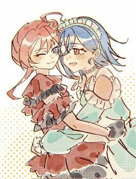 Rule 34 | 2girls, ai scream! (love live!), akane gokoro, black gloves, blue eyes, blue hair, blush, choker, commentary request, crossed bangs, earrings, gloves, highres, hug, jewelry, long sleeves, love live!, love live! superstar!!, maid headdress, moben, multiple girls, one eye closed, open mouth, red eyes, red hair, short hair with long locks, short sleeves, smile, stud earrings, wakana shiki, yoneme mei, yuri