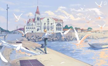 Rule 34 | 1boy, bird, blonde hair, european architecture, full body, grate, highres, long sleeves, male focus, original, outdoors, outstretched arms, rock, ryepe, sewer grate, ship, shirt, short hair, sky, smile, solo, standing, standing on one leg, water, watercraft, white bird, white shirt