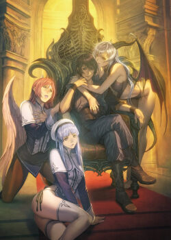 1boy 3girls angel_wings arch arm_support ass bare_arms bare_shoulders barefoot bat_wings belt bent_over beret black_footwear black_hair black_nails black_panties blue_hair blunt_bangs bone boots breasts brown_legwear capelet carpet closed_mouth copyright_name crossed_legs demon_horns dress fantasy feathered_wings fingernails flat_chest floor forehead_jewel frown grey_eyes hair_between_eyes hand_on_another's_arm hand_on_own_arm hand_on_own_chest harem hat highres homare_(fool's_art) horns hug indoors kneeling leaning_back lipstick long_hair long_sleeves looking_at_viewer makeup medium_breasts multiple_girls nail_polish official_art panties pants pantyhose parted_lips pillar pink_nails purple_lips red_hair revealing_clothes shoes short_dress side-tie_panties side_slit silver_hair sitting small_breasts smile stairs standing sword tail thighhighs throne toenail_polish toenails underwear very_long_hair weapon white_wings wings wristband