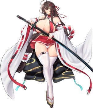 1girl ahoge areola_slip ark_re:code breasts brown_hair cameltoe detached_sleeves full_body furisode_sleeves game_cg green_eyes half-closed_eyes highres huge_breasts japanese_clothes julia_(ark_re:code) katana long_hair looking_at_viewer low-tied_long_hair microskirt nontraditional_miko official_art panties sandals sheath shiny_skin skindentation skirt solo sword thick_thighs thighhighs thighs transparent_background underwear unsheathing very_long_hair weapon white_streaks zouri