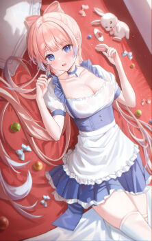 1girl absurdres alternate_costume apron bed_sheet blouse blue_choker blue_eyes blue_gemstone blue_hair blue_skirt blush bow-shaped_hair breasts choker cleavage collarbone colored_tips commentary_request dutch_angle enmaided food frilled_apron frilled_shirt frilled_skirt frills gem genshin_impact gradient_hair hair_intakes hands_up has_bad_revision has_downscaled_revision hasom high-waist_skirt highres holding holding_food lace-trimmed_choker lace_trim large_breasts light_particles long_hair lying macaron maid maid_apron md5_mismatch miniskirt multicolored_hair on_back on_bed open_mouth pearl_(gemstone) pillow pink_hair pleated_skirt puffy_short_sleeves puffy_sleeves resolution_mismatch sangonomiya_kokomi see-through_clothes shirt short_sleeves sidelocks skirt solo source_smaller sunlight sweat thighhighs thighs two-tone_hair waist_apron white_apron white_shirt white_thighhighs
