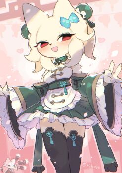 1boy 1girl :d alternate_costume arms_up artist_name black_thighhighs blush cat_girl dress eyelashes frilled_dress frills furry furry_female green_dress heart heng_(nine_sols) highres looking_at_viewer nine_sols open_mouth pink_background red_eyes rikose smile solo_focus standing thighhighs twitter_username wide_sleeves yi_(nine_sols)