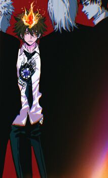 4boys absurdres black_necktie black_pants brown_hair character_request collared_shirt fire formal_clothes from_behind hashtag-only_commentary highres katekyo_hitman_reborn! male_focus momoyoru1 multiple_boys necktie pants red_background sawada_tsunayoshi shirt short_hair simple_background suit white_shirt