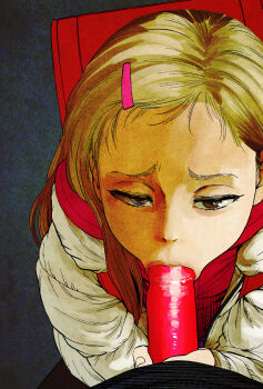 1girl backpack bag blonde_hair brown_eyes colored_condom commentary_request condom condom_on_penis fellatio hair_ornament hairclip higashiyama_shou highres loli oral original penis randoseru red_bag simulated_fellatio uncensored