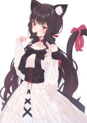 Rule 34 | 1girl, :p, animal ear fluff, animal ears, bare shoulders, black hair, bow, breasts, candy, cat ears, cat girl, cat tail, chloette, collar, dress, fang, food, frilled sleeves, frills, heart, heart-shaped lollipop, highres, licking, lollipop, long hair, long sleeves, looking at viewer, medium breasts, off-shoulder dress, off shoulder, original, red eyes, red nails, shaped lollipop, simple background, skin fang, tail, tail bow, tail ornament, tongue, tongue out, very long hair, white background, white dress, wide sleeves