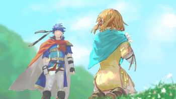 1boy 1girl 91007 brother_and_sister brown_hair cape commentary_request fingerless_gloves fire_emblem fire_emblem:_path_of_radiance gloves headband highres ike_(fire_emblem) mist_(fire_emblem) nintendo red_cape siblings