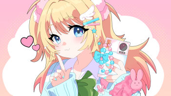 1girl :3 absurdres aqua_cardigan aqua_nails blonde_hair blue_eyes bow bowtie cardigan cellphone closed_mouth commentary_request feather_hair_ornament feathers flute_melville gradient_hair green_bow green_bowtie hair_ornament hairclip heart highres holding holding_phone long_hair multicolored_hair multicolored_nails muv-luv muv-luv_girls_garden nail_polish nanamin0804 phone pink_hair pink_nails pointing pointing_up pom_pom_(clothes) pom_pom_hair_ornament shirt smartphone solo star_(symbol) star_hair_ornament two_side_up upper_body white_shirt