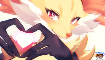 black_fur character_name close-up delphox gen_6_pokemon heart heart_hands logo looking_at_viewer multicolored_fur nintendo pokemon pokemon_(creature) pokemon_unite red_eyes red_fur simple_background solo suahh white_background white_fur yellow_fur