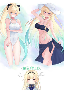 1girl :i absurdres aizawa_ema aqua_hair arm_behind_head arm_under_breasts bikini black_bow black_sarong blonde_hair blue_eyes blue_nails bow breasts cleavage closed_eyes closed_mouth commentary_request covered_navel earrings gradient_hair hair_bow hat highres jewelry kaeha multicolored_hair navel one-piece_swimsuit ponytail sarong swimsuit virtual_youtuber vspo! white_hat white_one-piece_swimsuit