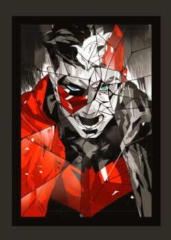 bat_signal batman_(series) batman_symbol black_bodysuit black_hair bodysuit brown_jacket dc_comics grey_bodysuit guoba7777 jacket jason_todd male_focus mask multicolored_bodysuit muscular muscular_male open_clothes red_hood_(dc) red_hood_and_the_outlaws red_mask short_hair superhero_costume taut_bodysuit two-tone_bodysuit