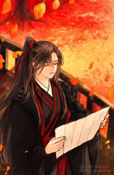 Rule 34 | 1boy, aki uzuzame, autumn, autumn leaves, bishounen, black hair, black hanfu, chinese clothes, closed eyes, closed mouth, commentary request, falling leaves, from above, hair ribbon, hanfu, high ponytail, highres, holding, holding paper, leaf, long hair, long sleeves, male focus, maple leaf, modao zushi, outdoors, paper, ponytail, railing, red ribbon, red sash, ribbon, robe, sash, sidelocks, solo, standing, twitter username, upper body, very long hair, watermark, wei wuxian, wide sleeves