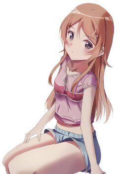 1girl blue_eyes blue_shorts blush closed_mouth collarbone commentary_request hair_ornament hairclip highres kousaka_kirino long_hair looking_at_viewer midriff natsume_suzuri orange_hair ore_no_imouto_ga_konna_ni_kawaii_wake_ga_nai parallel_hairclips pink_shirt shirt short_sleeves shorts simple_background sitting solo thighs white_background