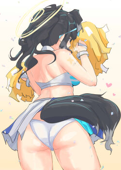 1girl absurdres animal_ears ass back black_hair blue_archive cheerleader commentary_request dog_ears dog_girl dog_tail goggles goggles_on_head halo hibiki_(blue_archive) hibiki_(cheer_squad)_(blue_archive) highres holding holding_pom_poms kiva017 long_hair looking_at_viewer looking_back millennium_cheerleader_outfit_(blue_archive) panties pom_pom_(cheerleading) pom_poms simple_background skirt solo star_(symbol) star_sticker sticker sticker_on_arm tail thighs underwear yellow_halo